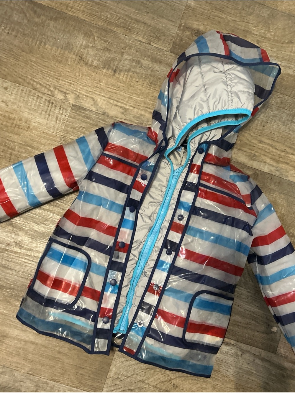 Kids' Striped Hooded Rain Jacket - Red, Blue & White